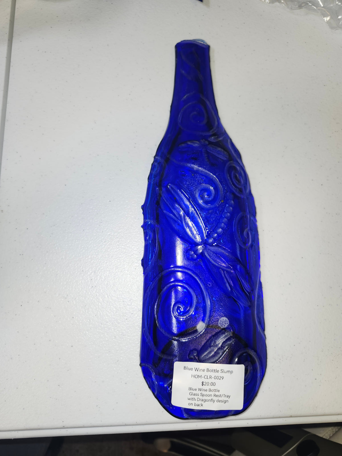 Blue Slumped Wine Bottle Tray with DragonFly Imprint