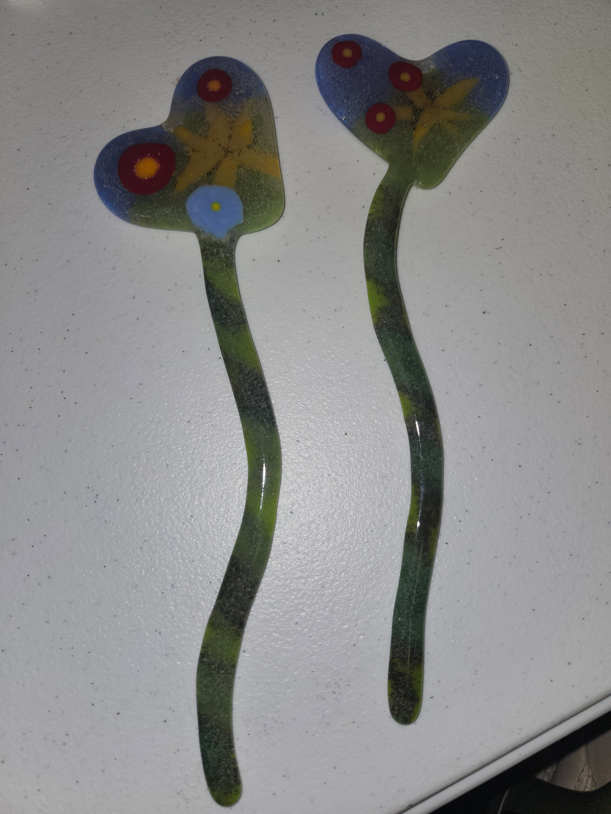 Handmade Fused Glass Flower Garden Stakes / Plant Decor (10" Tall)