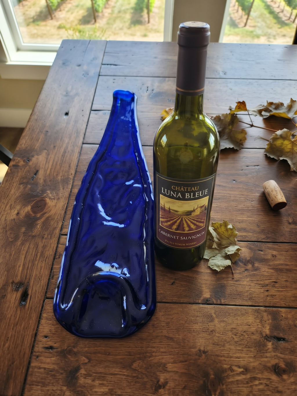 Blue Slumped Wine Bottle Tray with DragonFly Imprint