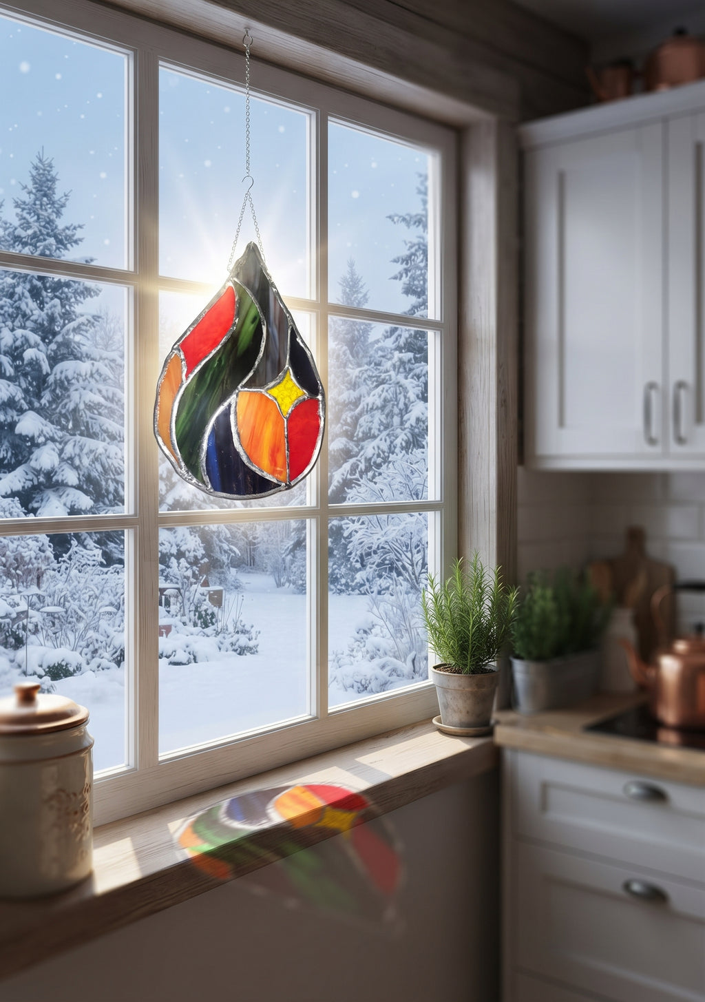 Handcrafted Abstract Teardrop Stained Glass Suncatcher (9")