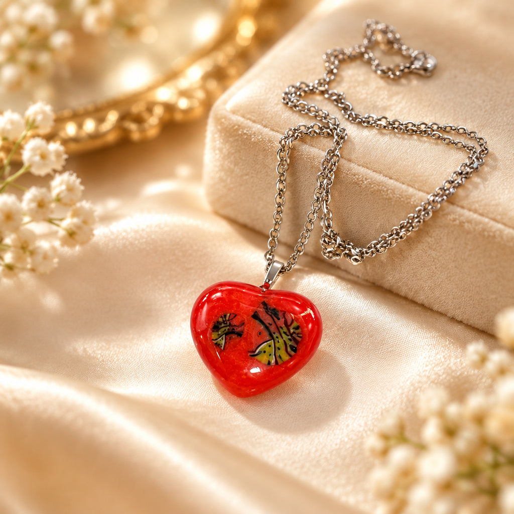 Small red glass heart pendant with patterned accents on a silver-tone chain