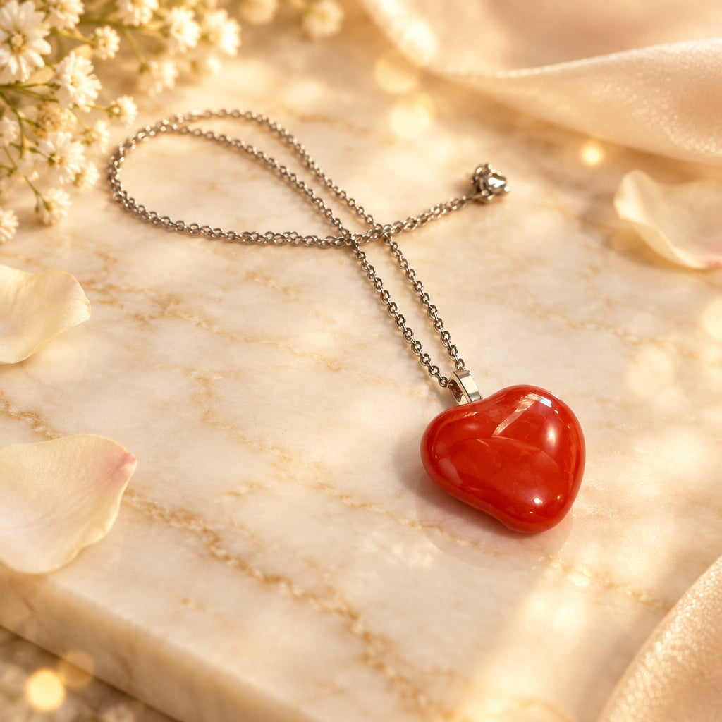 Small plain red glass heart pendant on a silver-tone chain