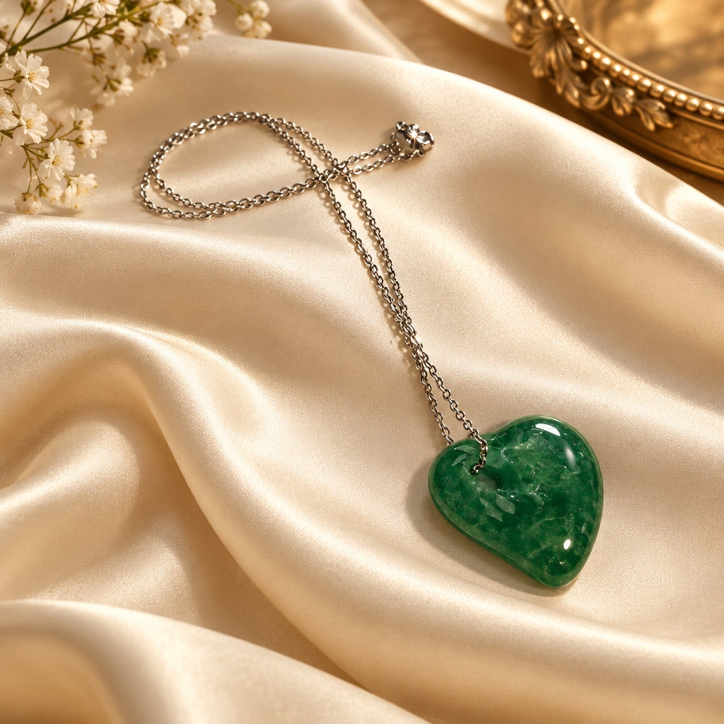 Small green glass heart pendant on a silver-tone chain