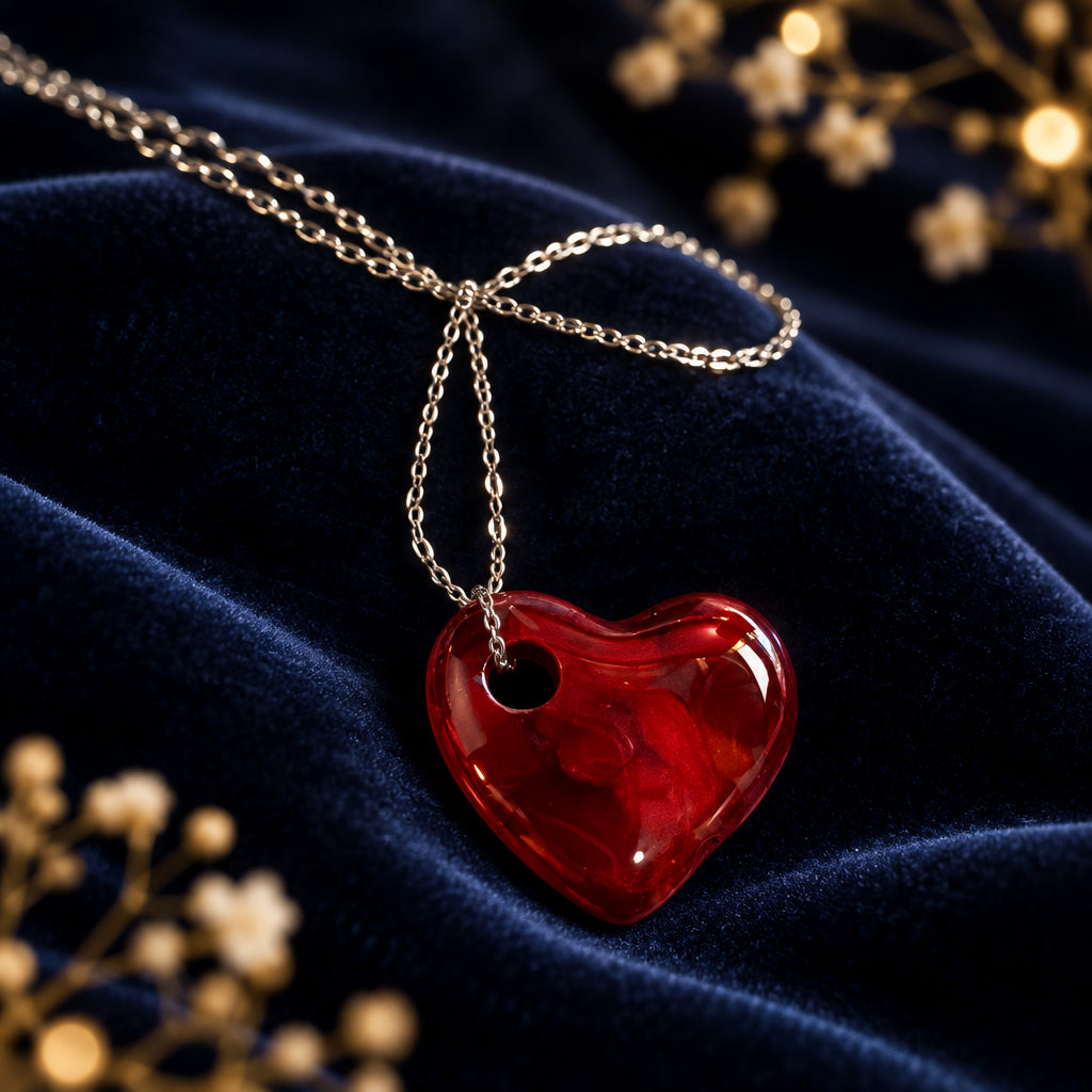Translucent deep red glass heart pendant on a silver-tone chain against blue fabric