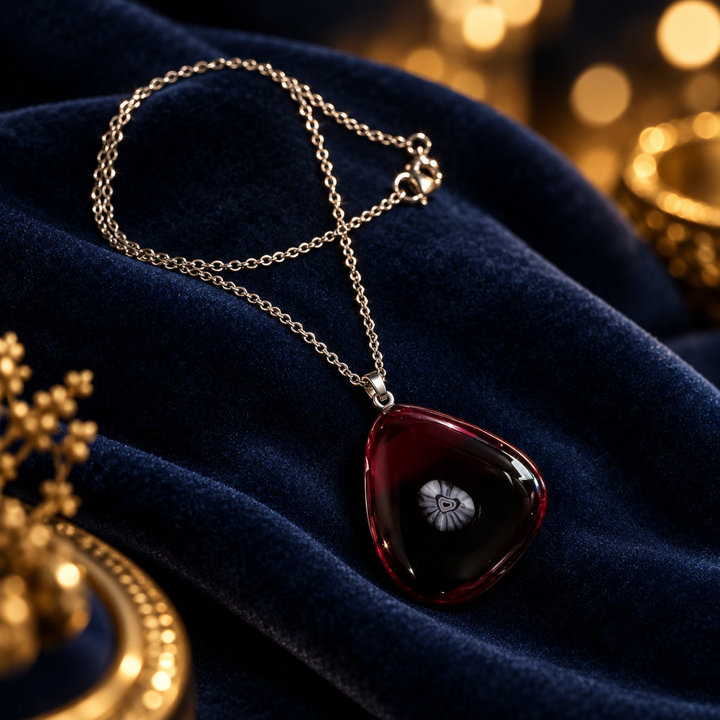 Dark red glass heart pendant with a small floral detail on a silver-tone chain