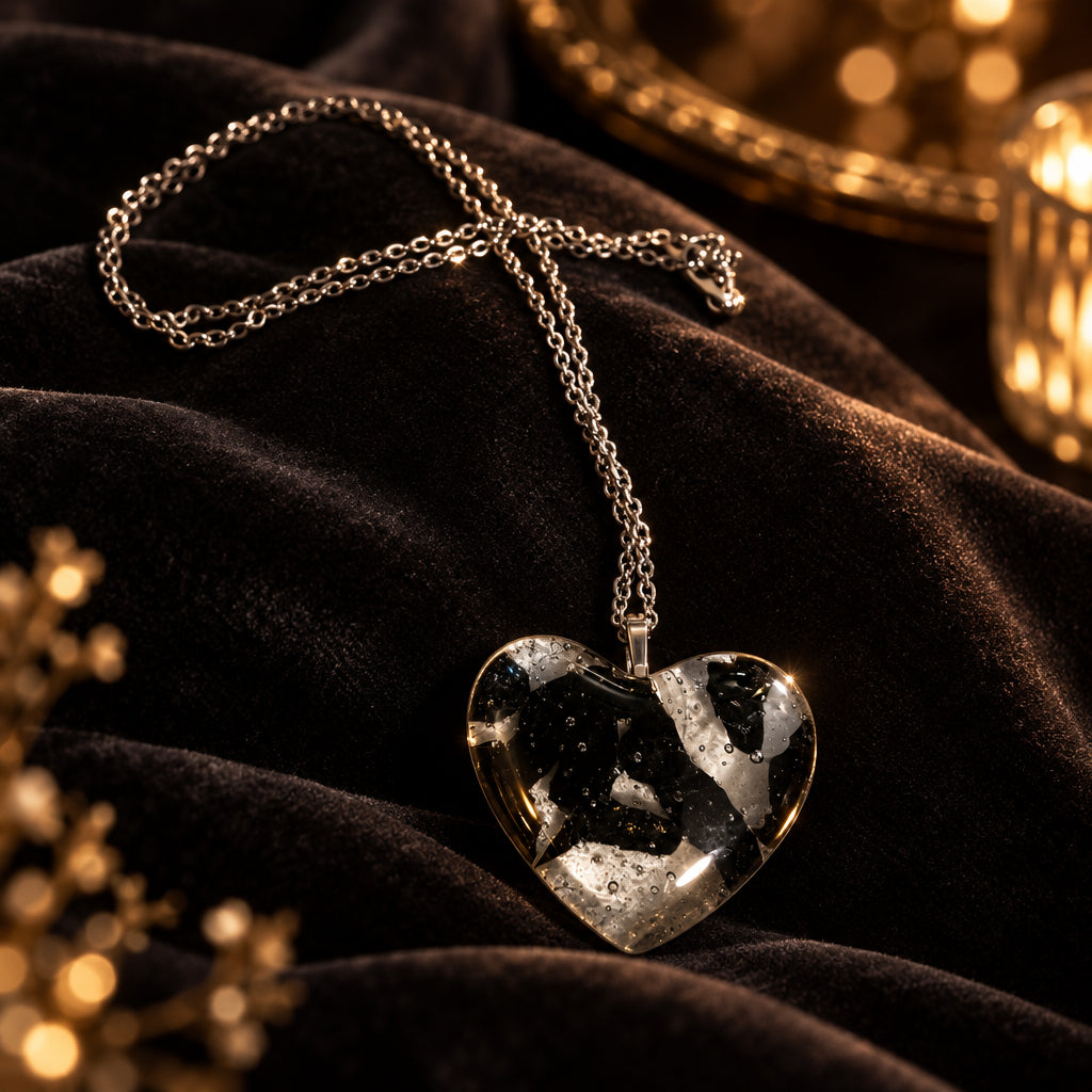 Black and clear glass heart pendant on a silver-tone chain