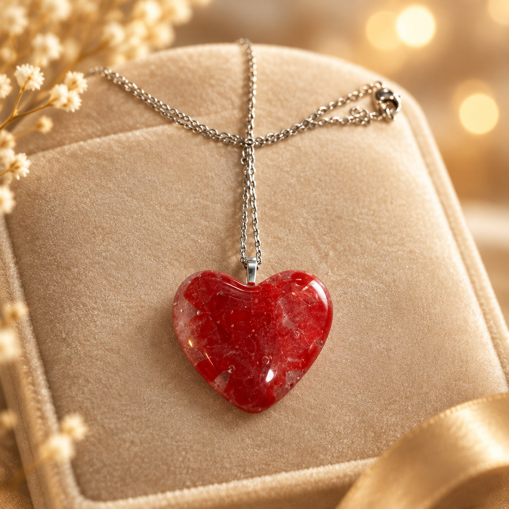 Textured red glass heart pendant on a silver-tone chain beside a cream gift box