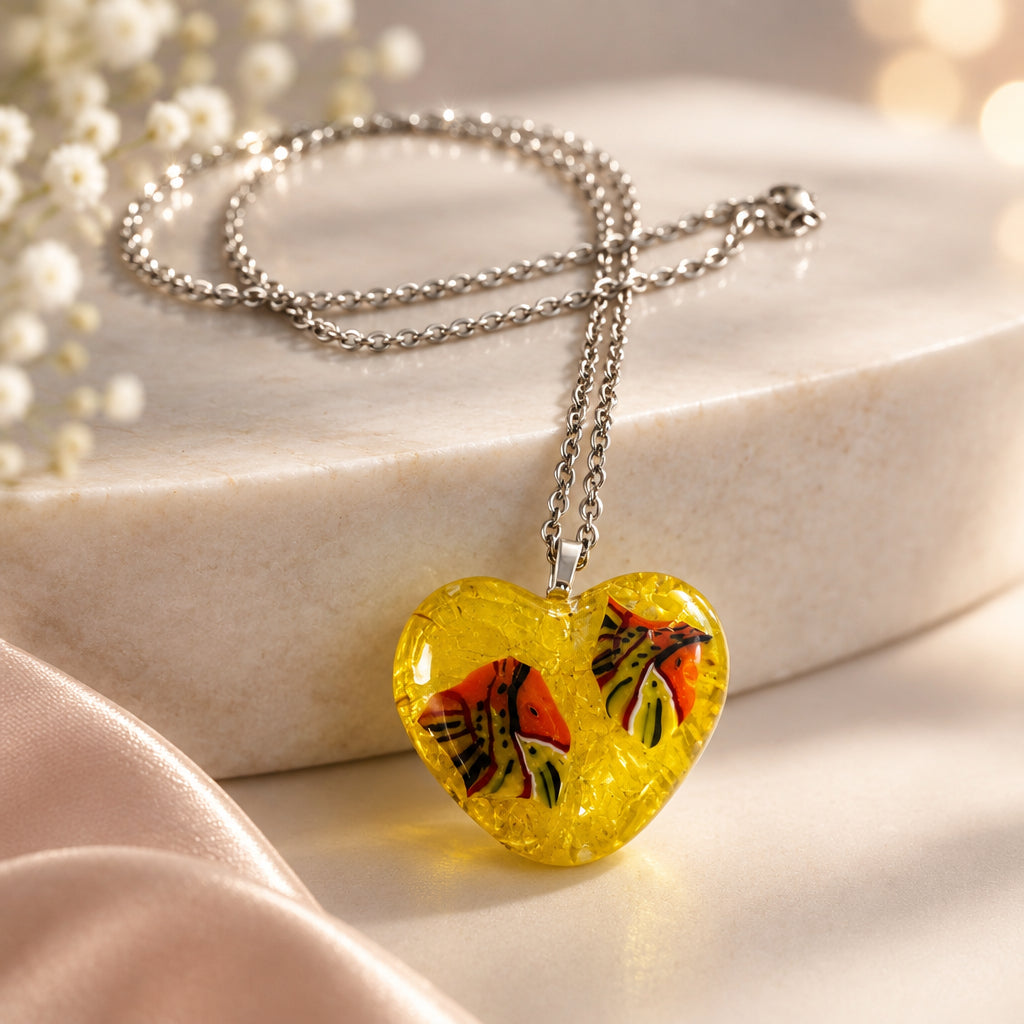 Yellow glass heart pendant with red and dark patterned details on a silver-tone chain
