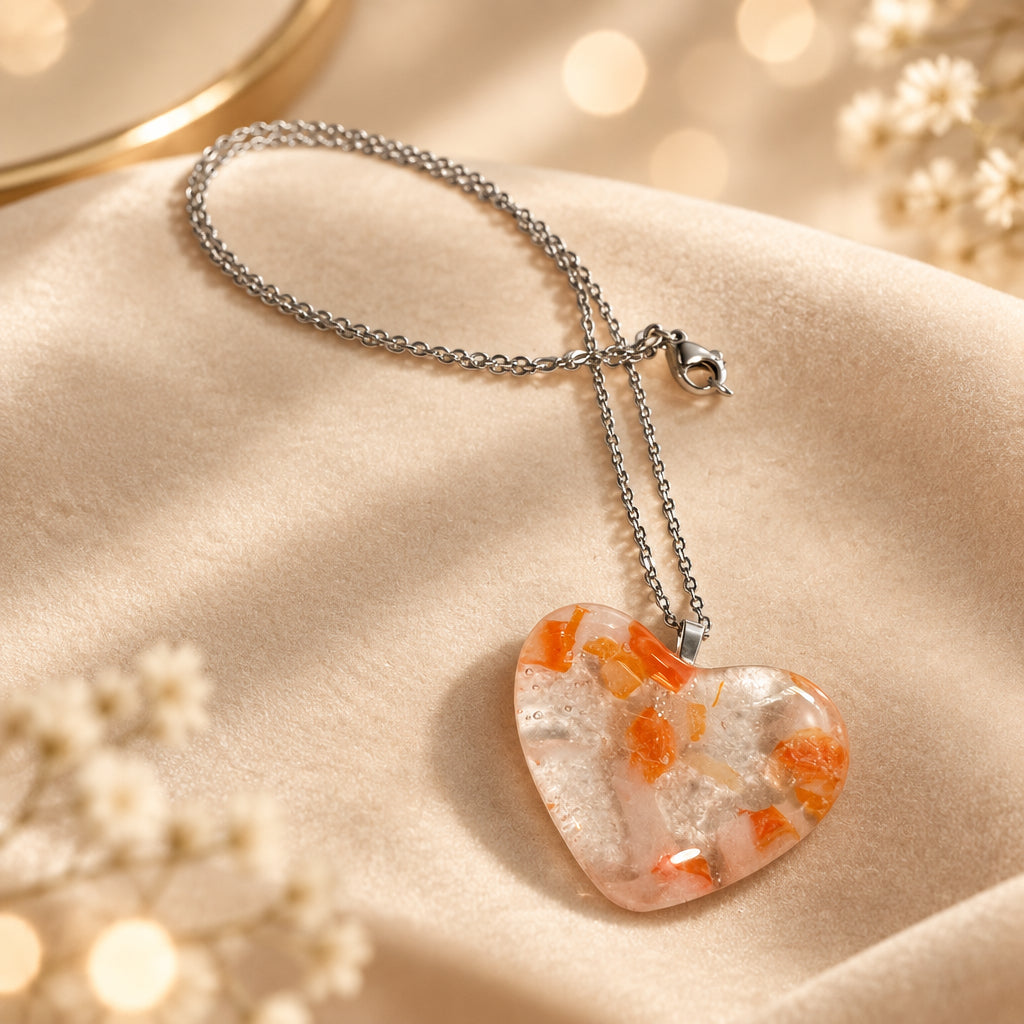 Clear glass heart pendant with orange accents on a silver-tone chain