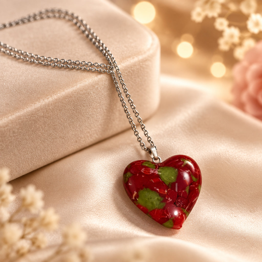 Red glass heart pendant with green accents on a silver-tone chain