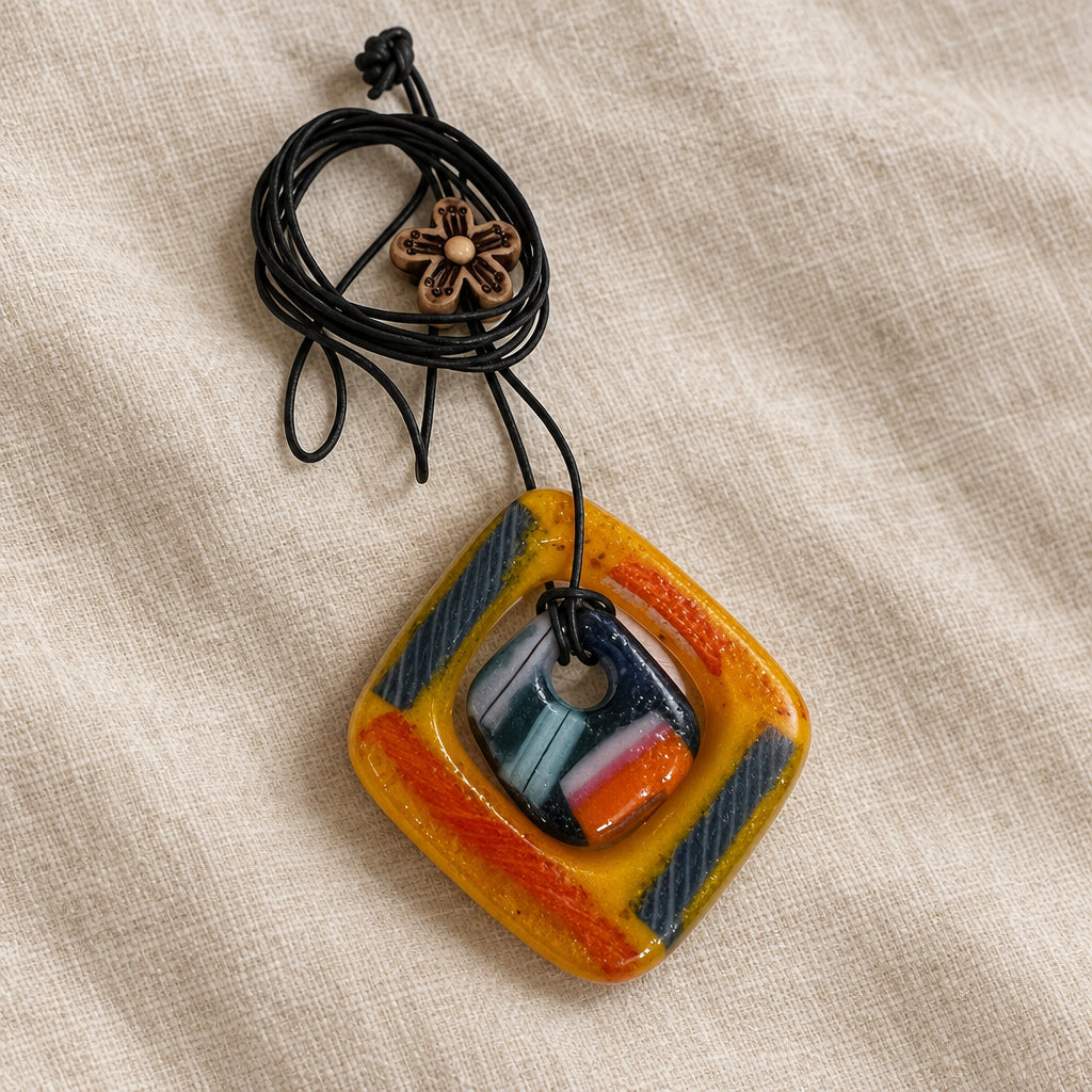 Orange, yellow, and blue open-square glass pendant on a black cord
