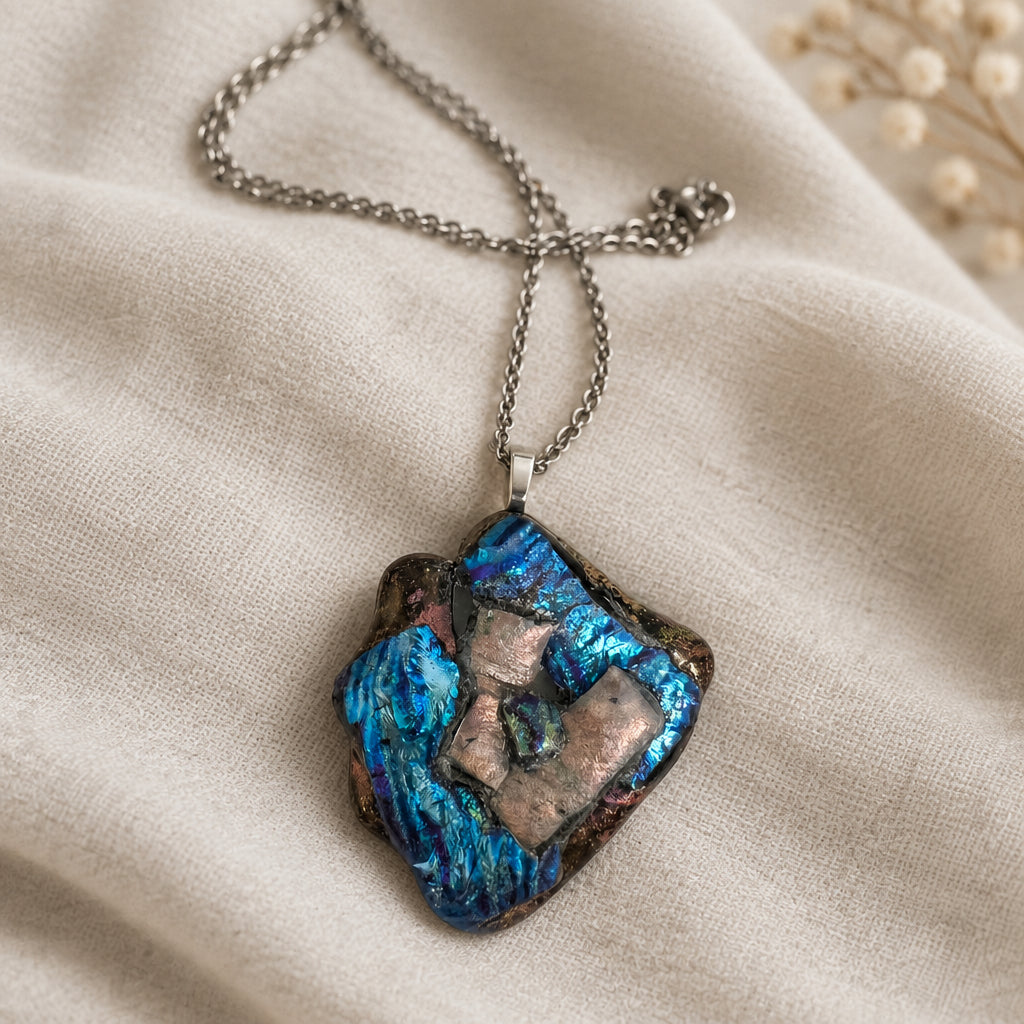 Angular blue and pink layered glass pendant on a silver-tone chain