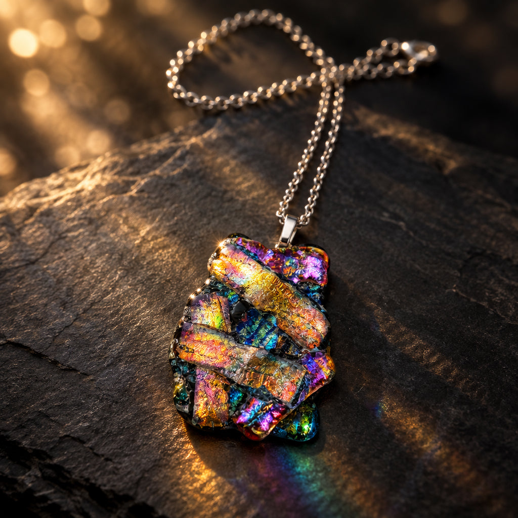 Layered multicolored iridescent glass pendant on a silver-tone chain
