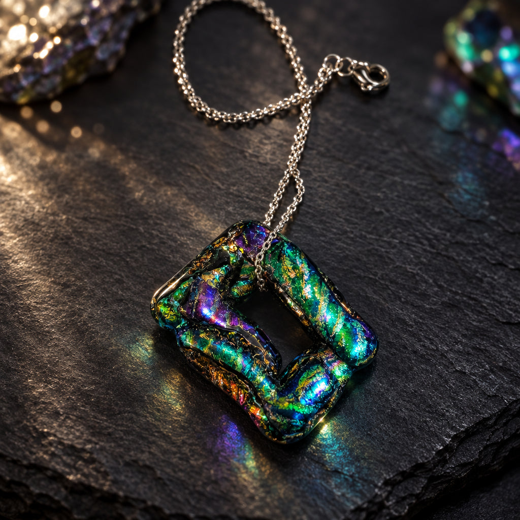 Shimmering blue, green, and purple openwork glass pendant on a silver-tone chain