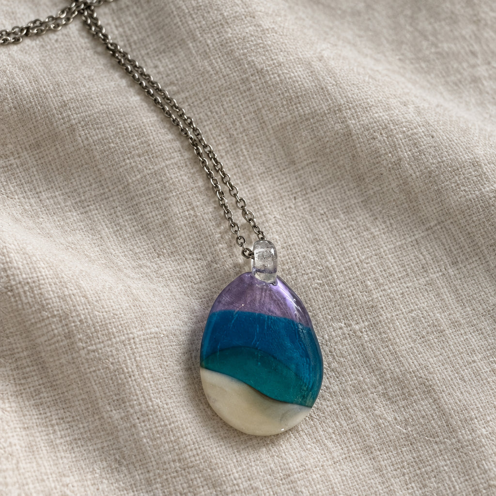 Handcrafted Blue & White Oval Fused Glass Pendant