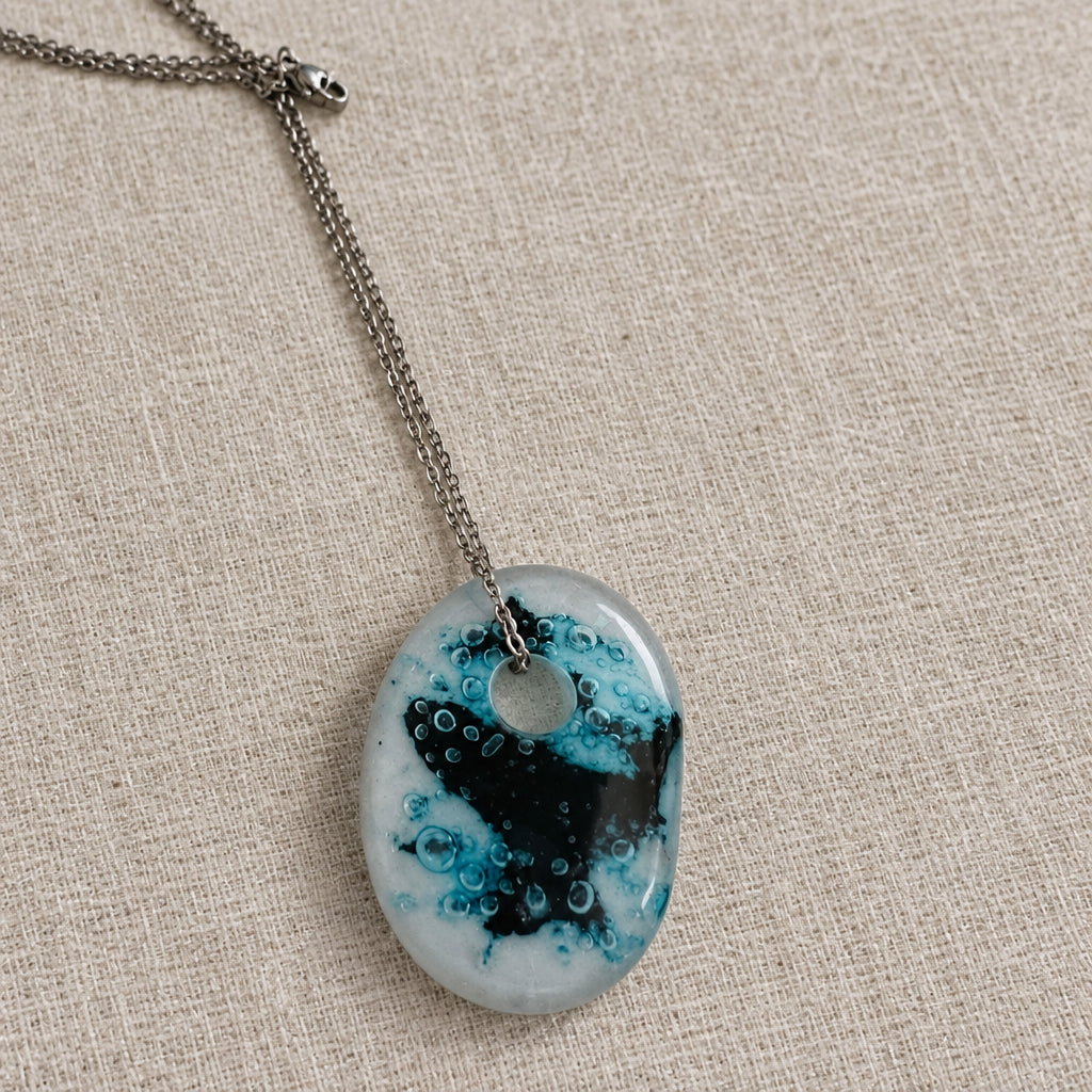 Handcrafted Blue & White Oval Fused Glass Pendant