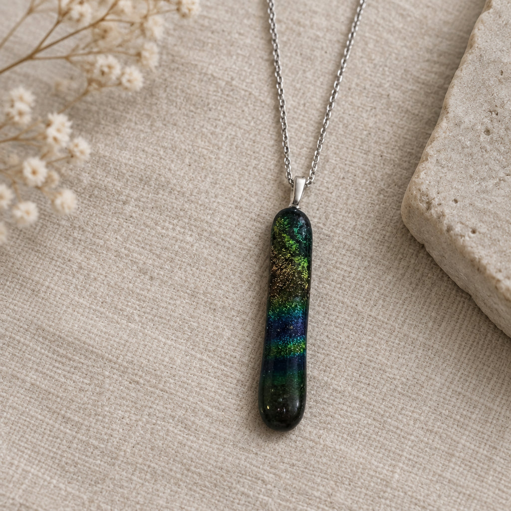 Handcrafted Long Skinny Dichroic Fused Glass Necklaces
