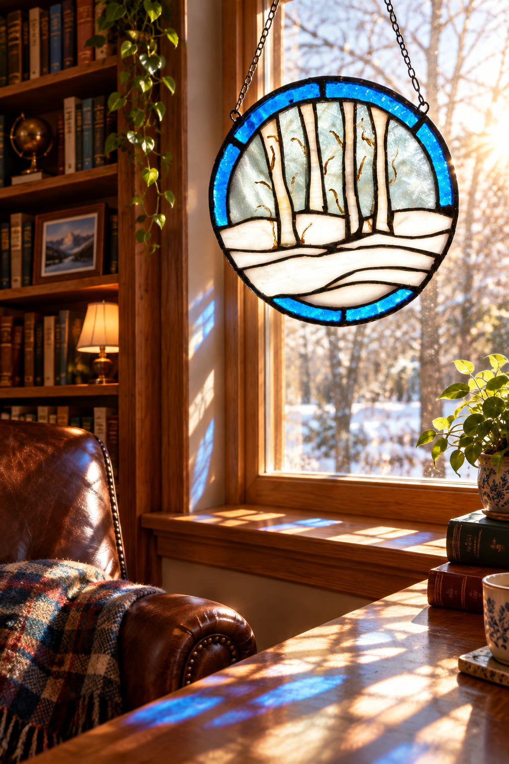 Handcrafted Stained Glass Winter Scene Suncatcher