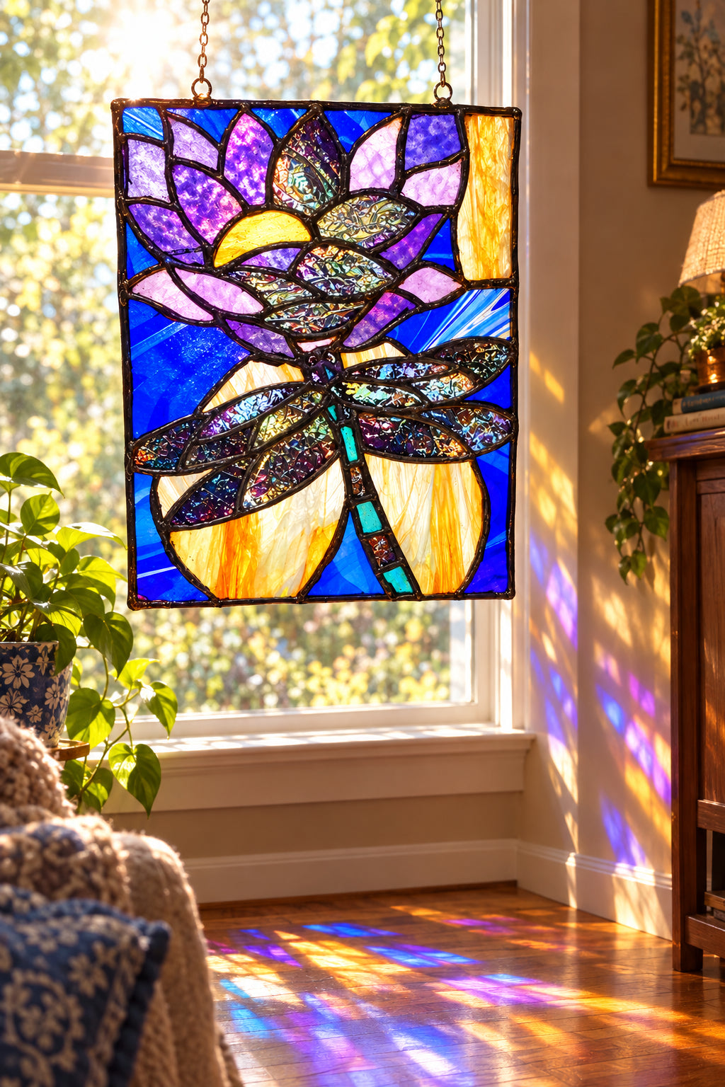 Handcrafted Stained Glass Large Dragonfly Panel Suncatcher