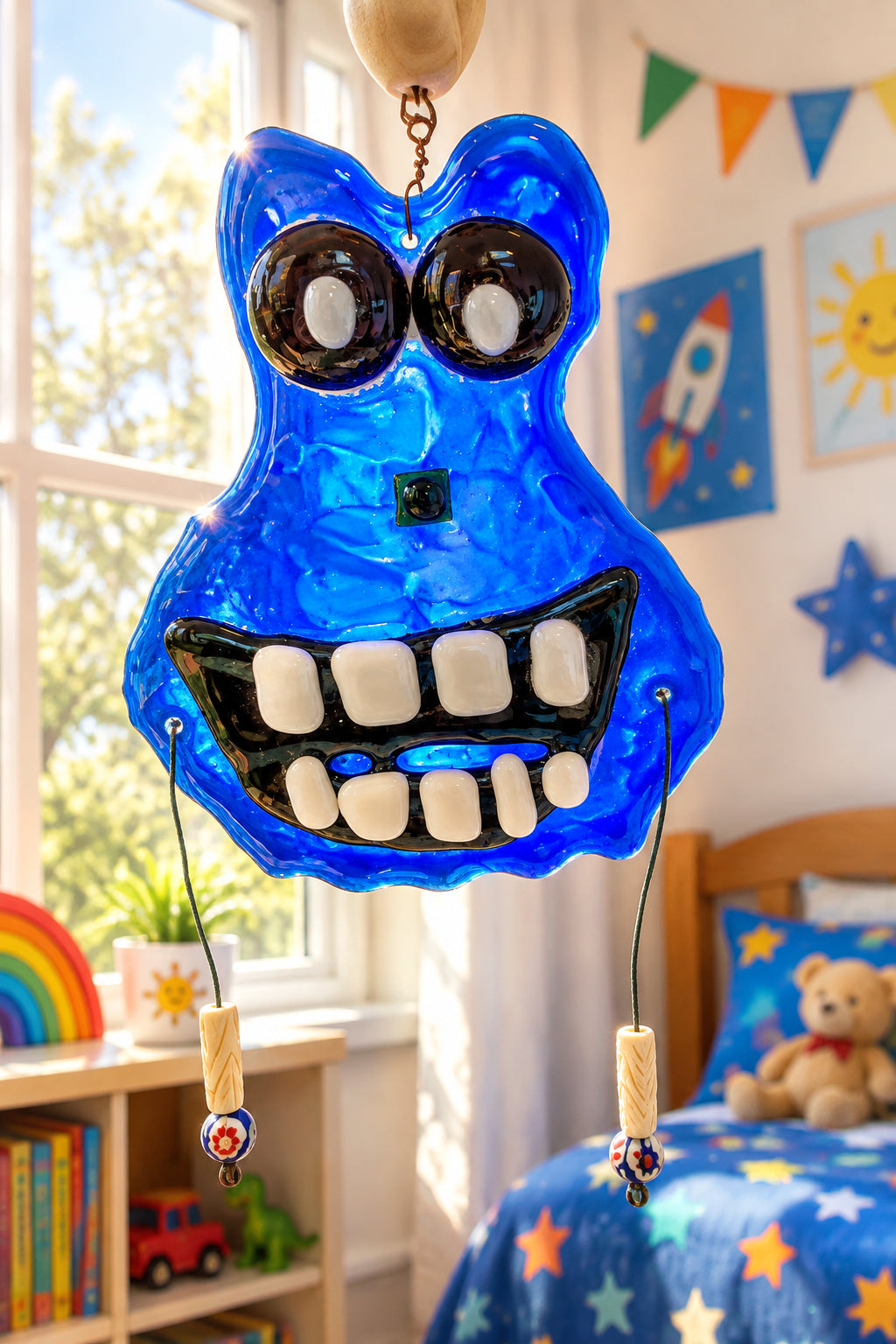 Handcrafted Fused Glass Blue Funny Face Suncatcher