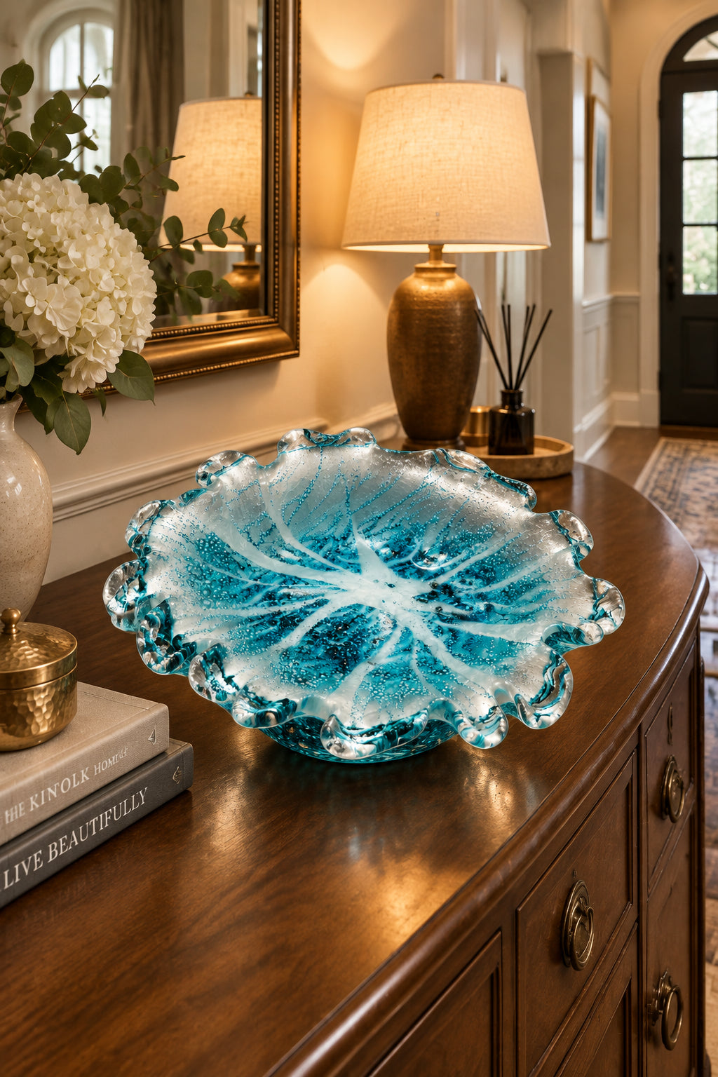 Handcrafted Fused Glass 10" Blue Art Bowl