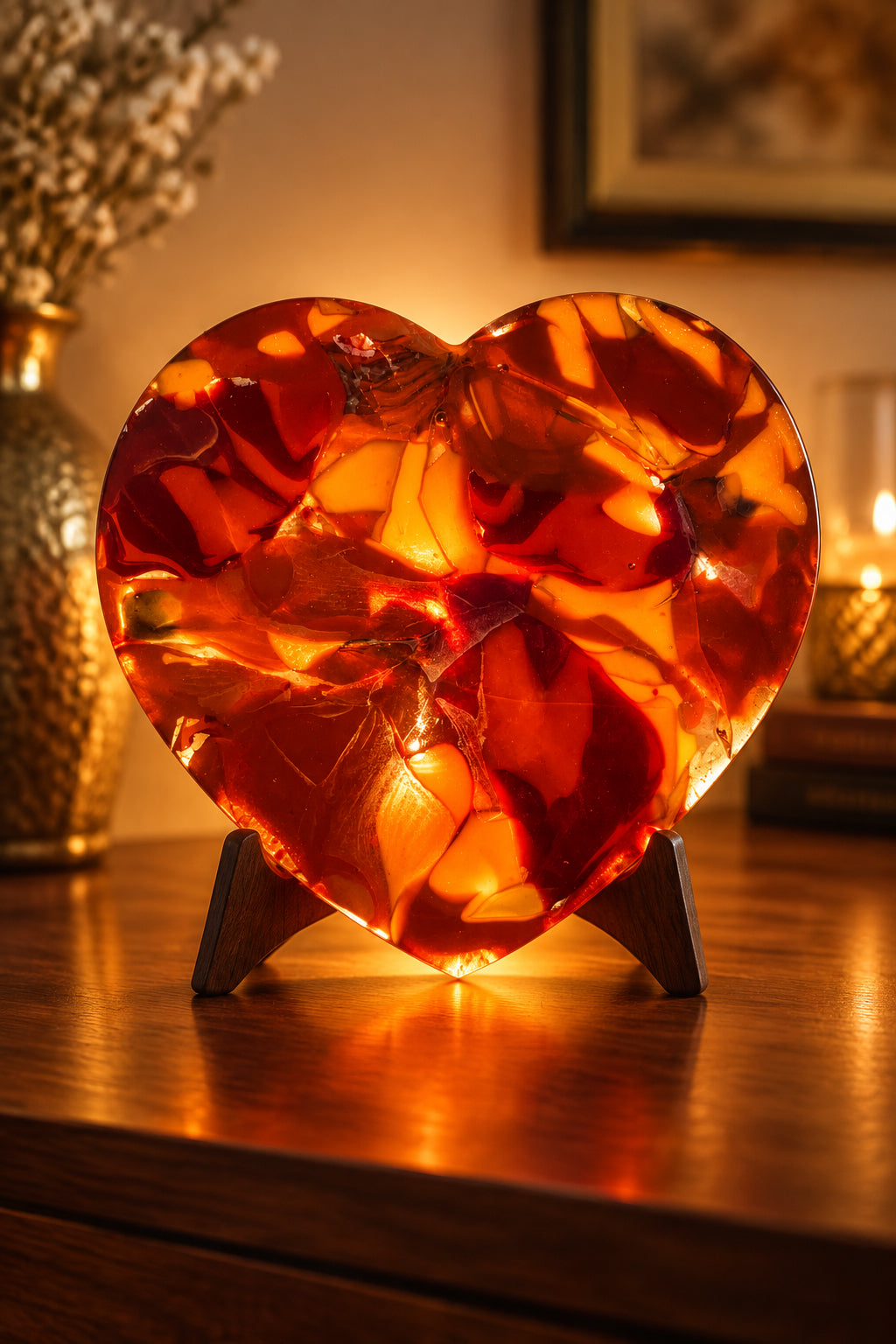 Handcrafted Fused Glass 7.5" Red/Orange Heart Sculpture