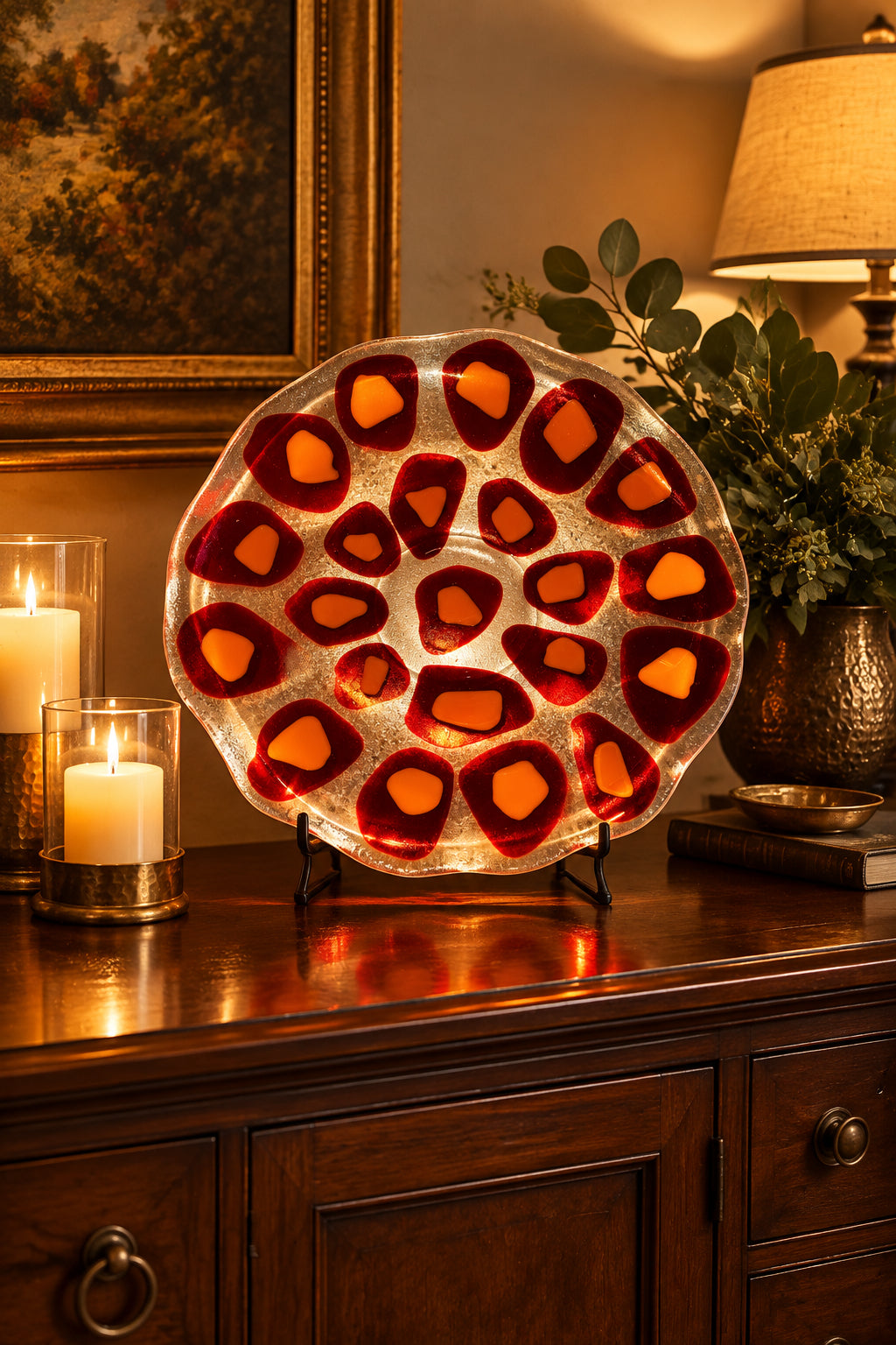 Handcrafted Fused Glass 9" Bowl with red/orange dots