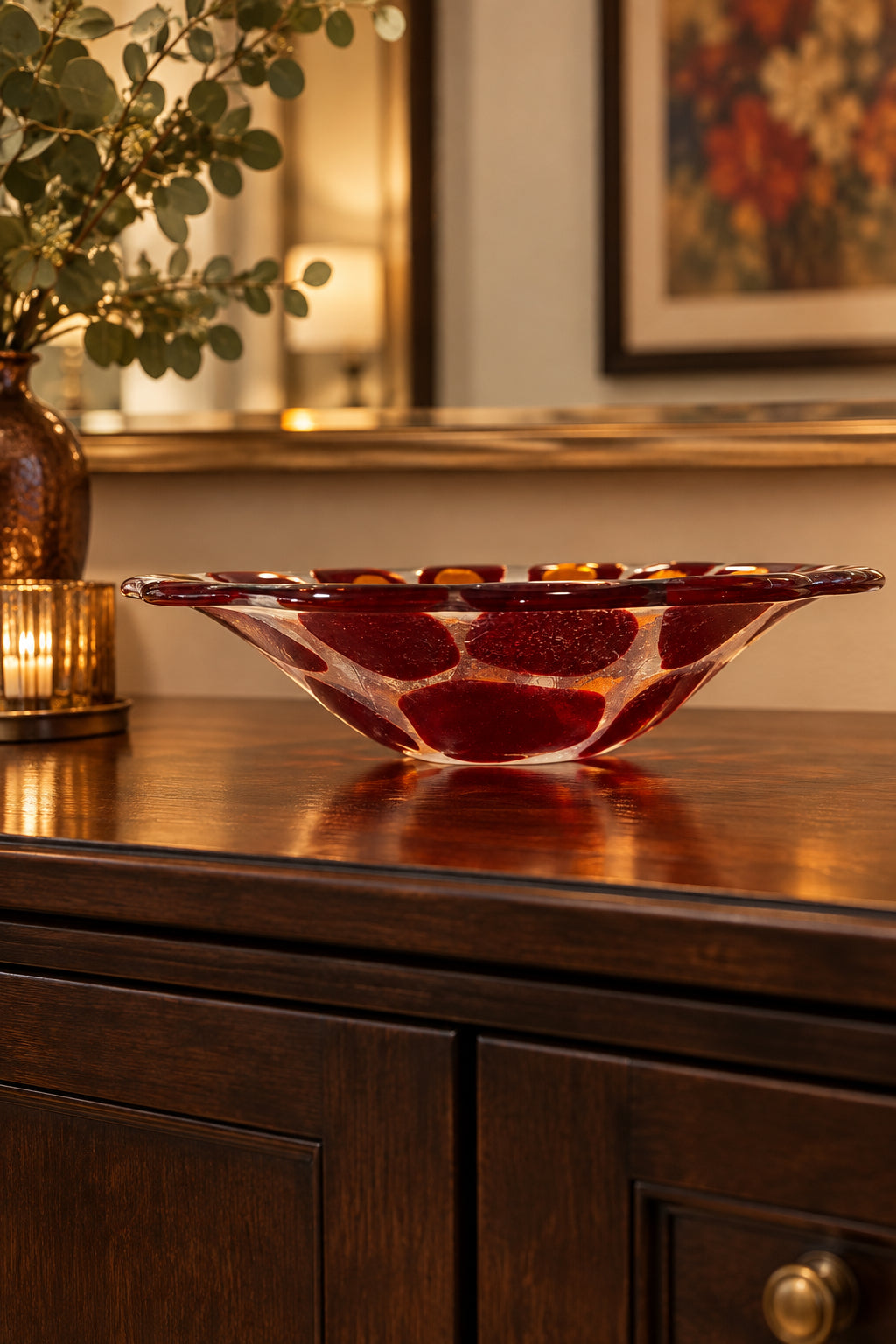 Handcrafted Fused Glass 9" Bowl with red/orange dots