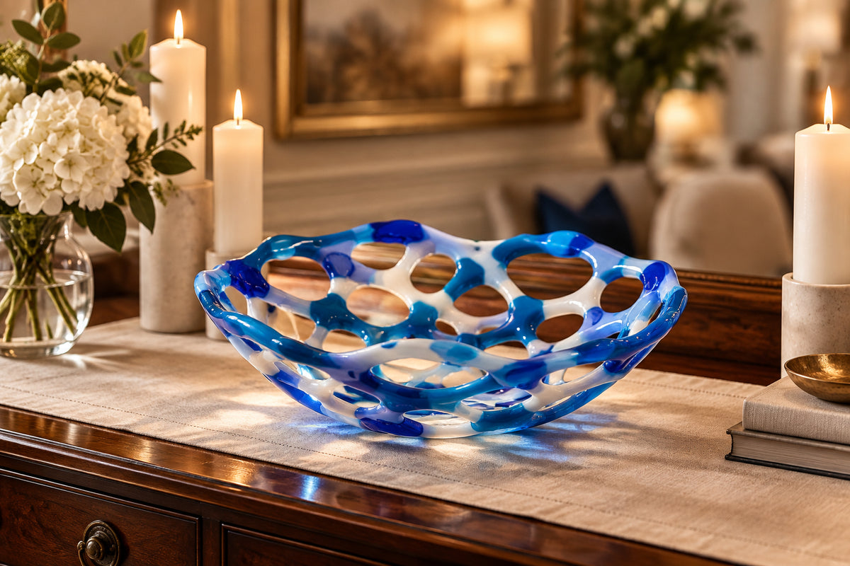 Handmade White/Blue 11" Openwork Fused Glass Bowl
