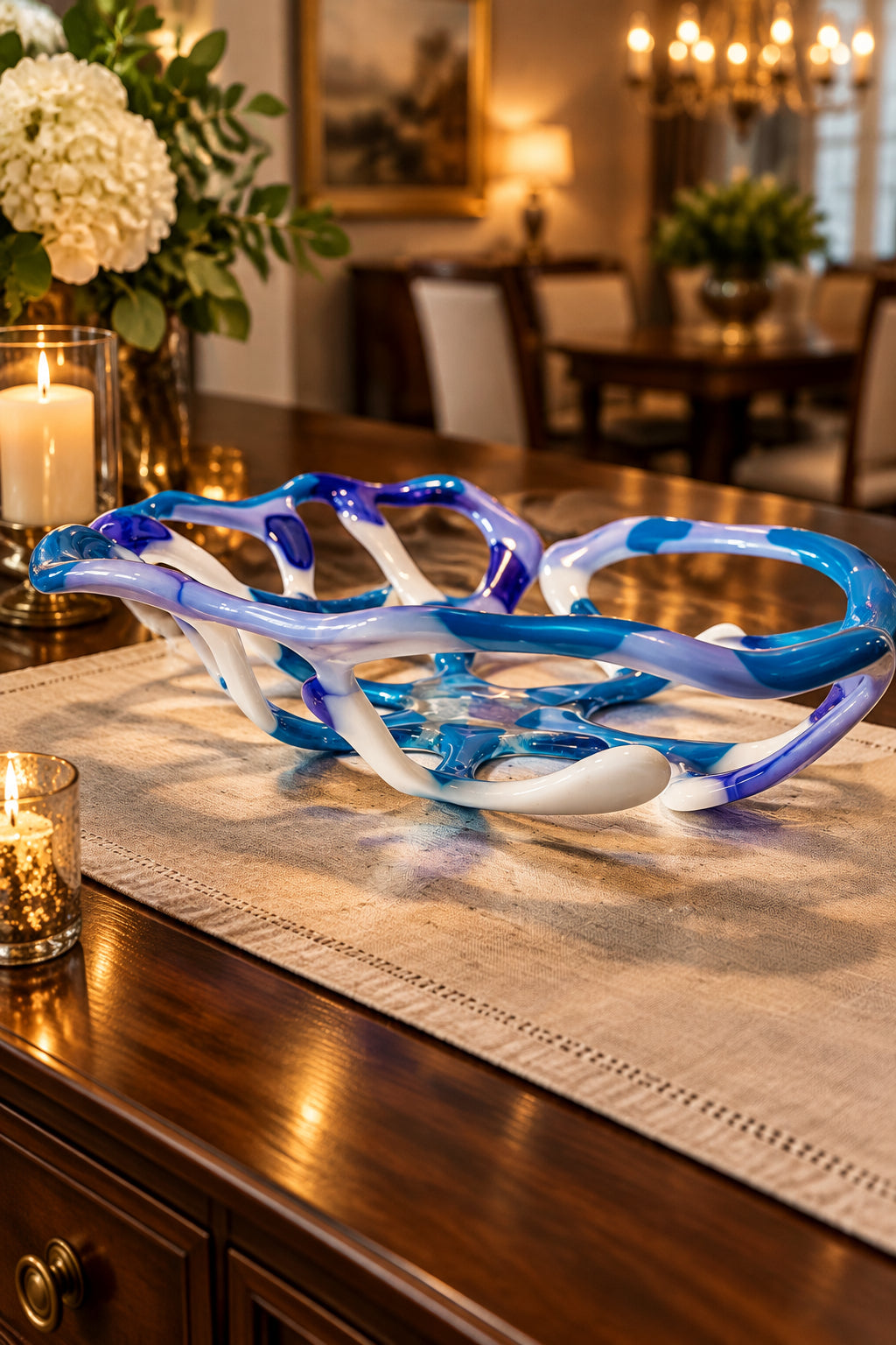Handmade White/Blue 11" Openwork Fused Glass Bowl