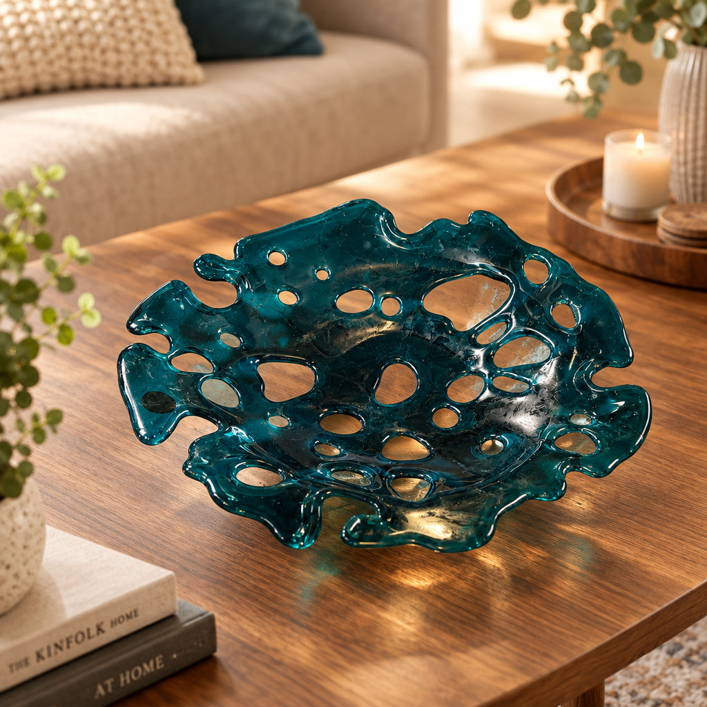 Handmade Blue Green 11" Openwork Fused Glass Bowl