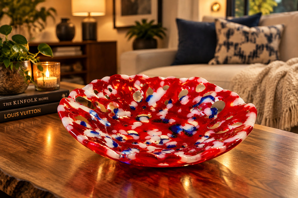 Handmade Red/White/Blue 11" Openwork Fused Glass Bowl