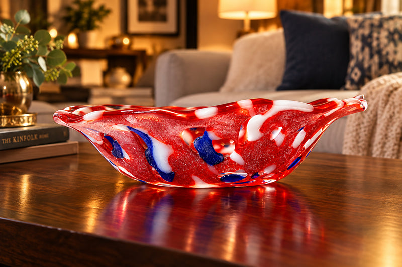 Handmade Red/White/Blue 11" Openwork Fused Glass Bowl
