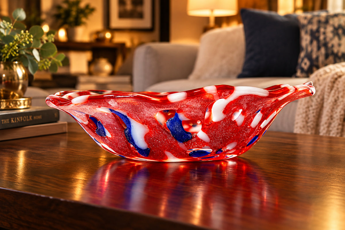 Handmade Red/White/Blue 11" Openwork Fused Glass Bowl