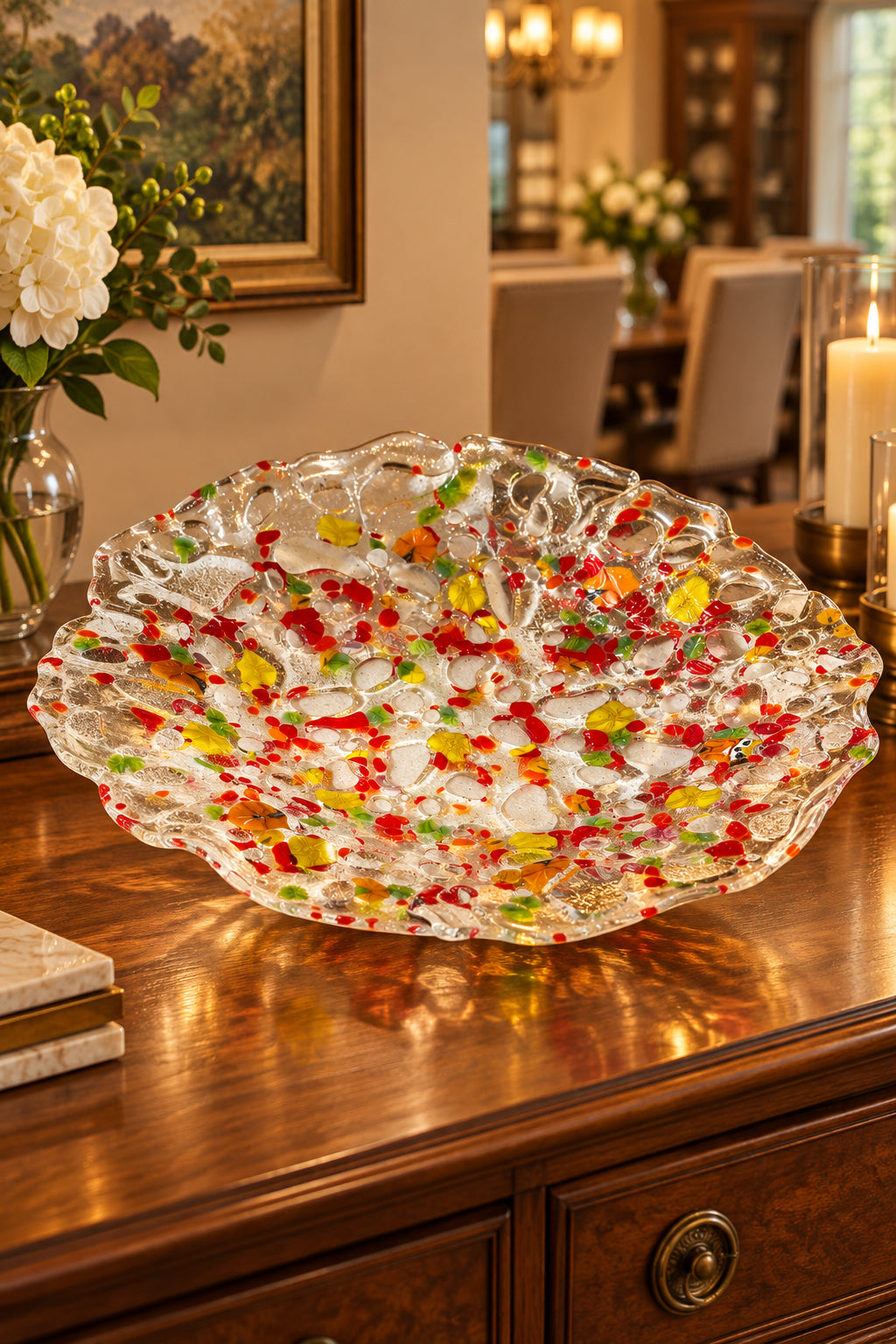 Handmade Clear/Multi-color 11" Openwork Fused Glass Bowl
