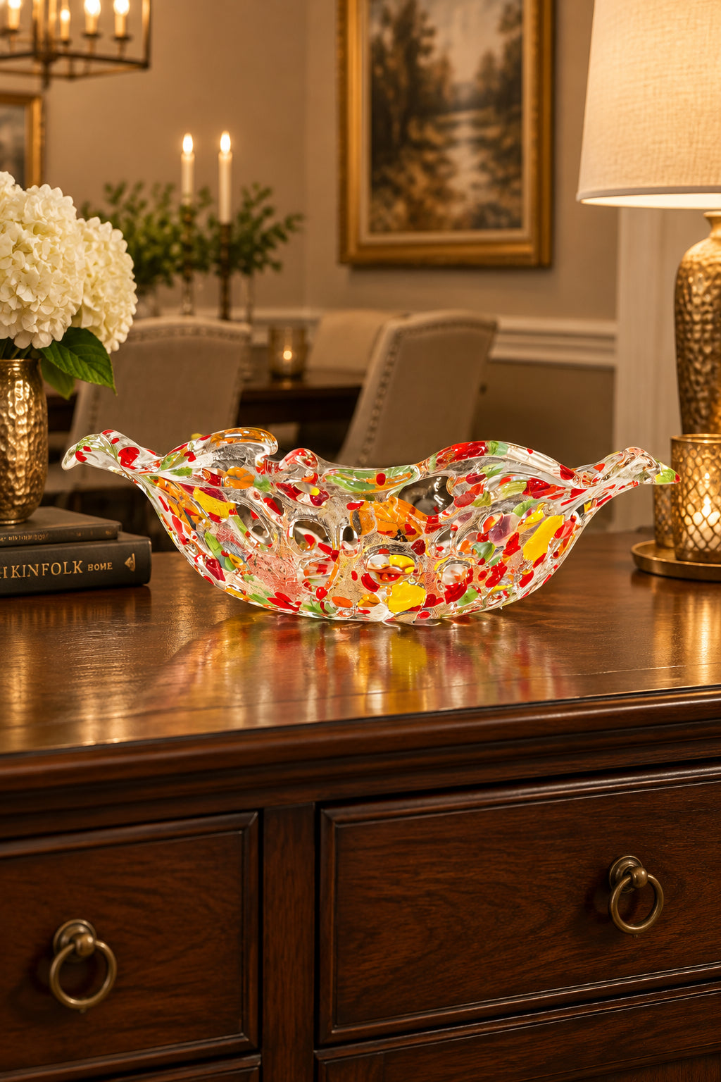 Handmade Clear/Multi-color 11" Openwork Fused Glass Bowl
