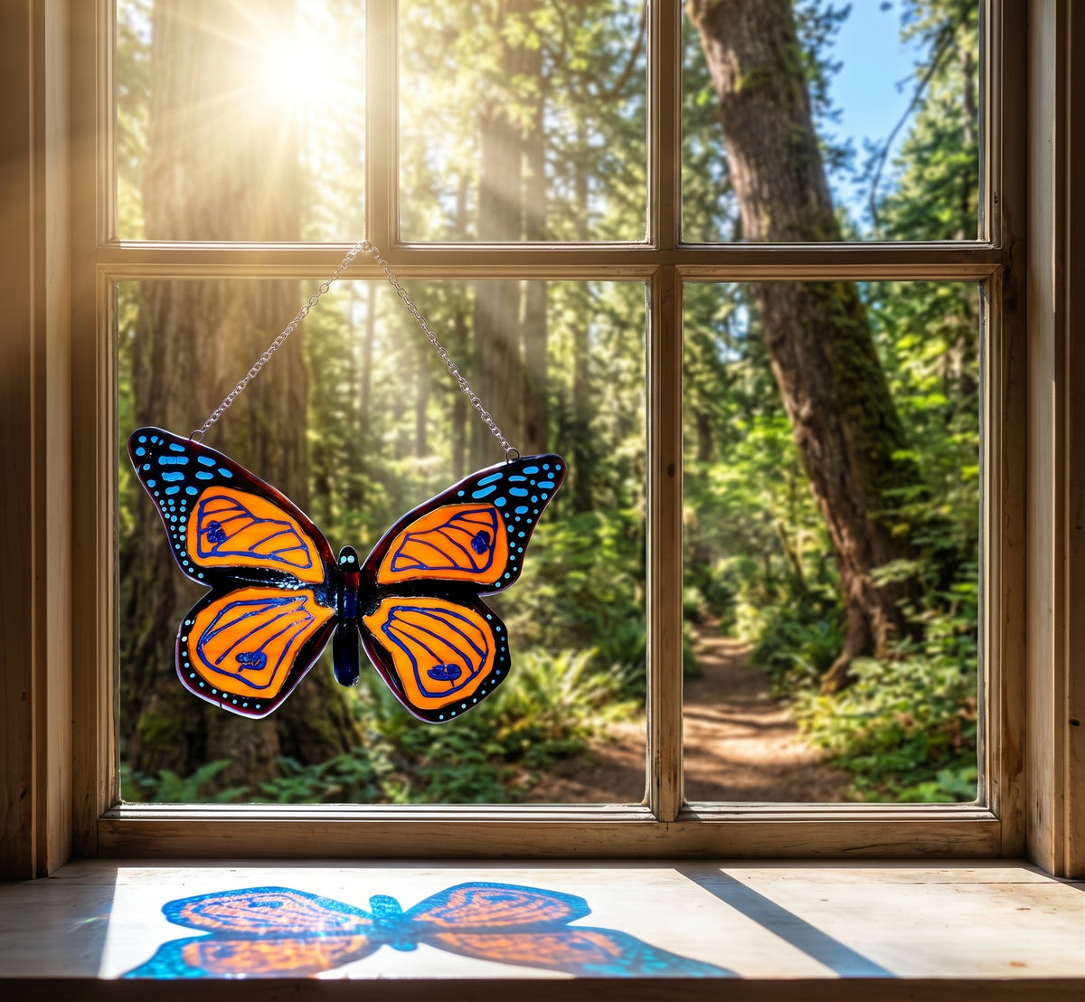 Handcrafted Stained Glass Monarch Butterfly Suncatcher (8")