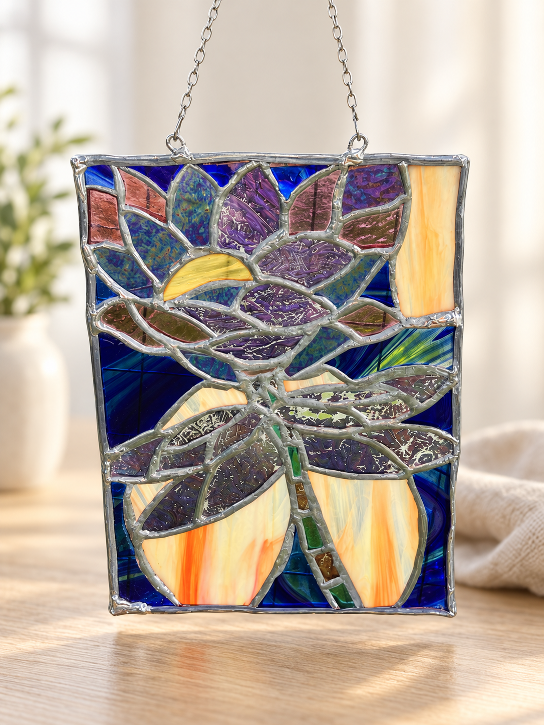 Dragonfly Stained Glass Panel — 8 × 10 inches
