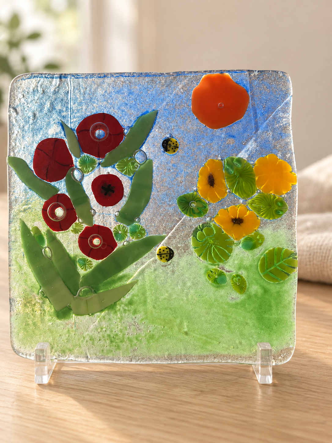 Fused Glass Garden Panel with Flowers and Ladybugs, Handmade Glass Art