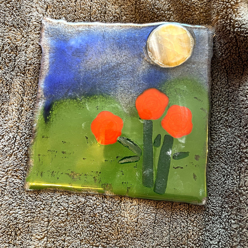 Poppy Moon Fused Glass Landscape Panel, Handmade Floral Art Glass, Orange Flower Wall Decor