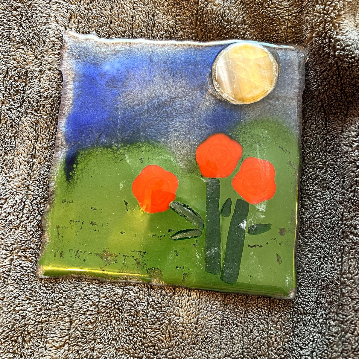 Poppy Moon Fused Glass Landscape Panel, Handmade Floral Art Glass, Orange Flower Wall Decor