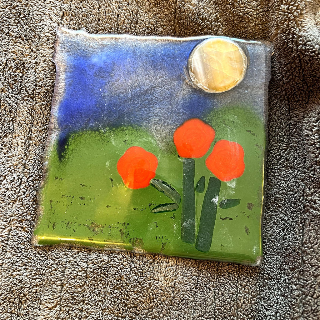 Poppy Moon Fused Glass Landscape Panel, Handmade Floral Art Glass, Orange Flower Wall Decor