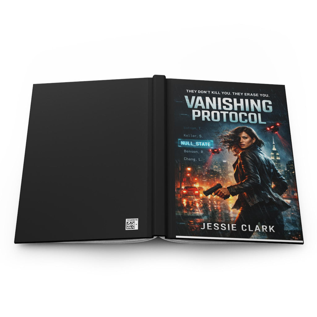 Vanishing Protocol thriller cover Hardcover Journal | urban dystopian, action heroine