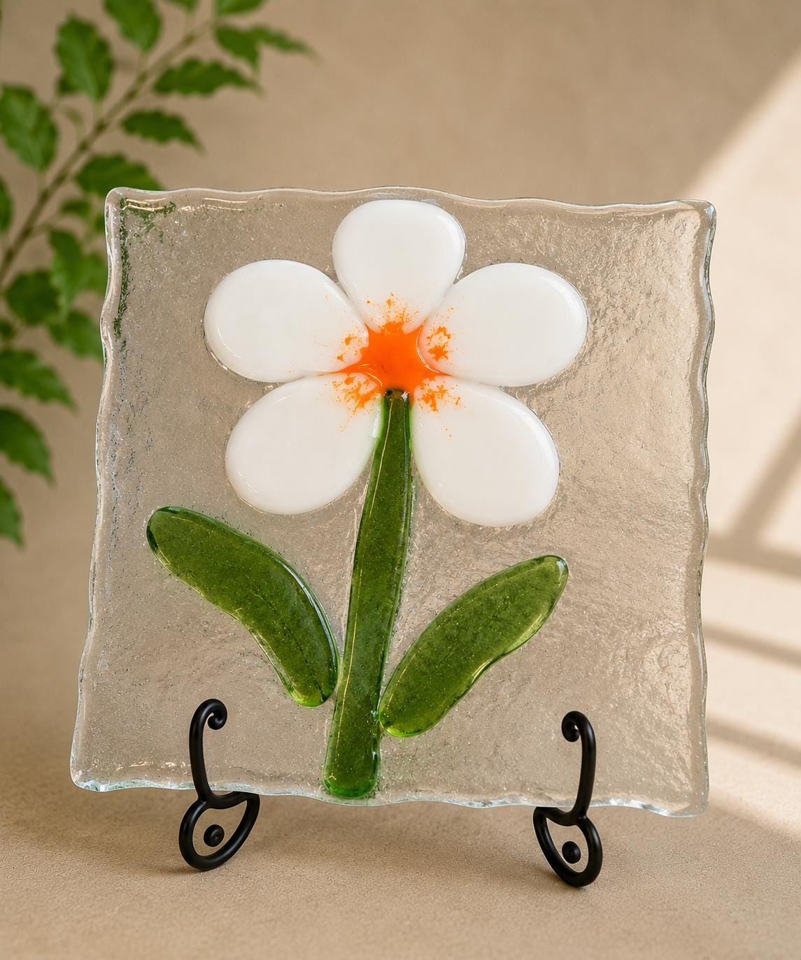 White Daisy Fused Glass Panel, Handmade Floral Glass Art, Small Flower Suncatcher Decor
