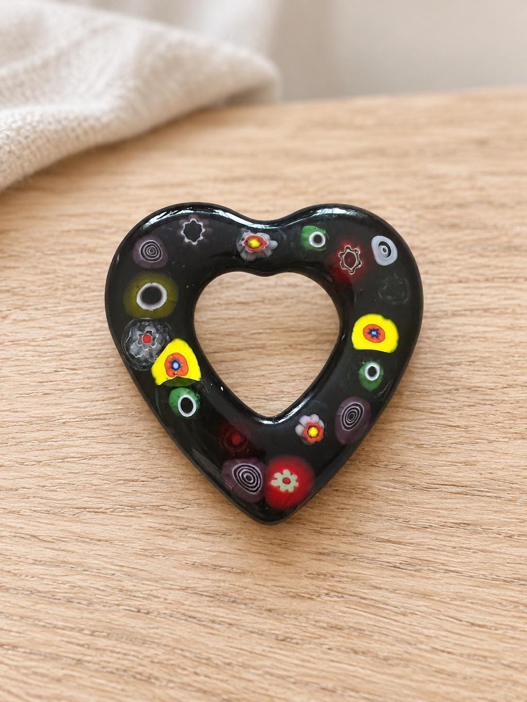 Black Fused Glass Heart with Colorful Floral Detail