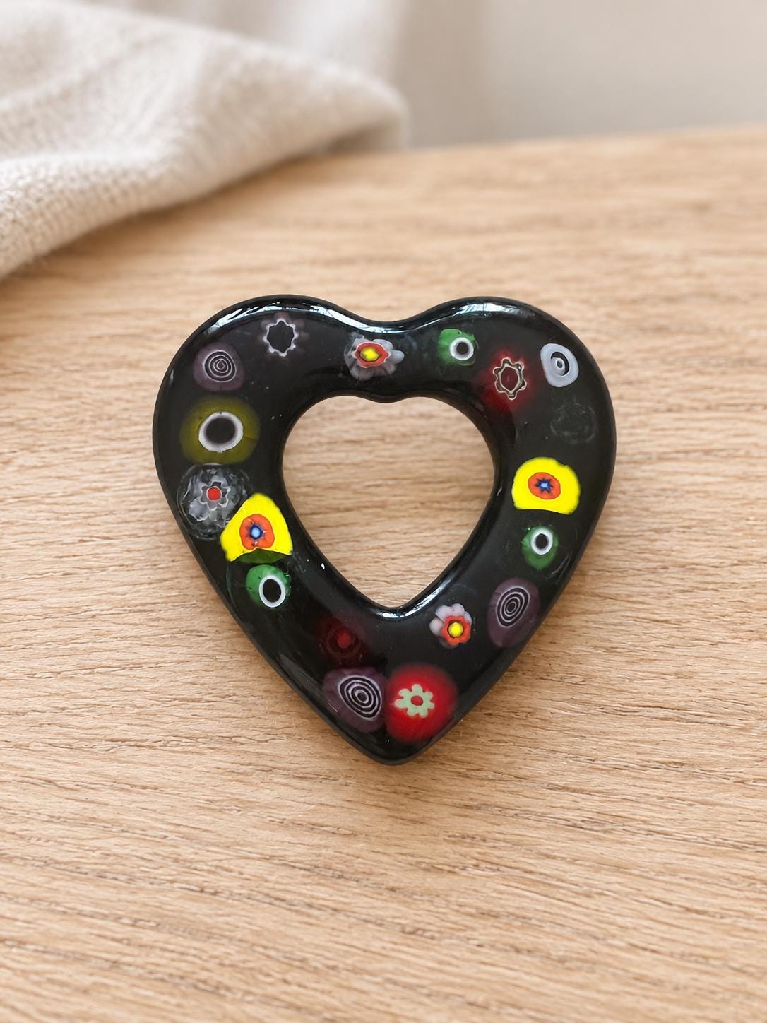Black Fused Glass Heart with Colorful Floral Detail