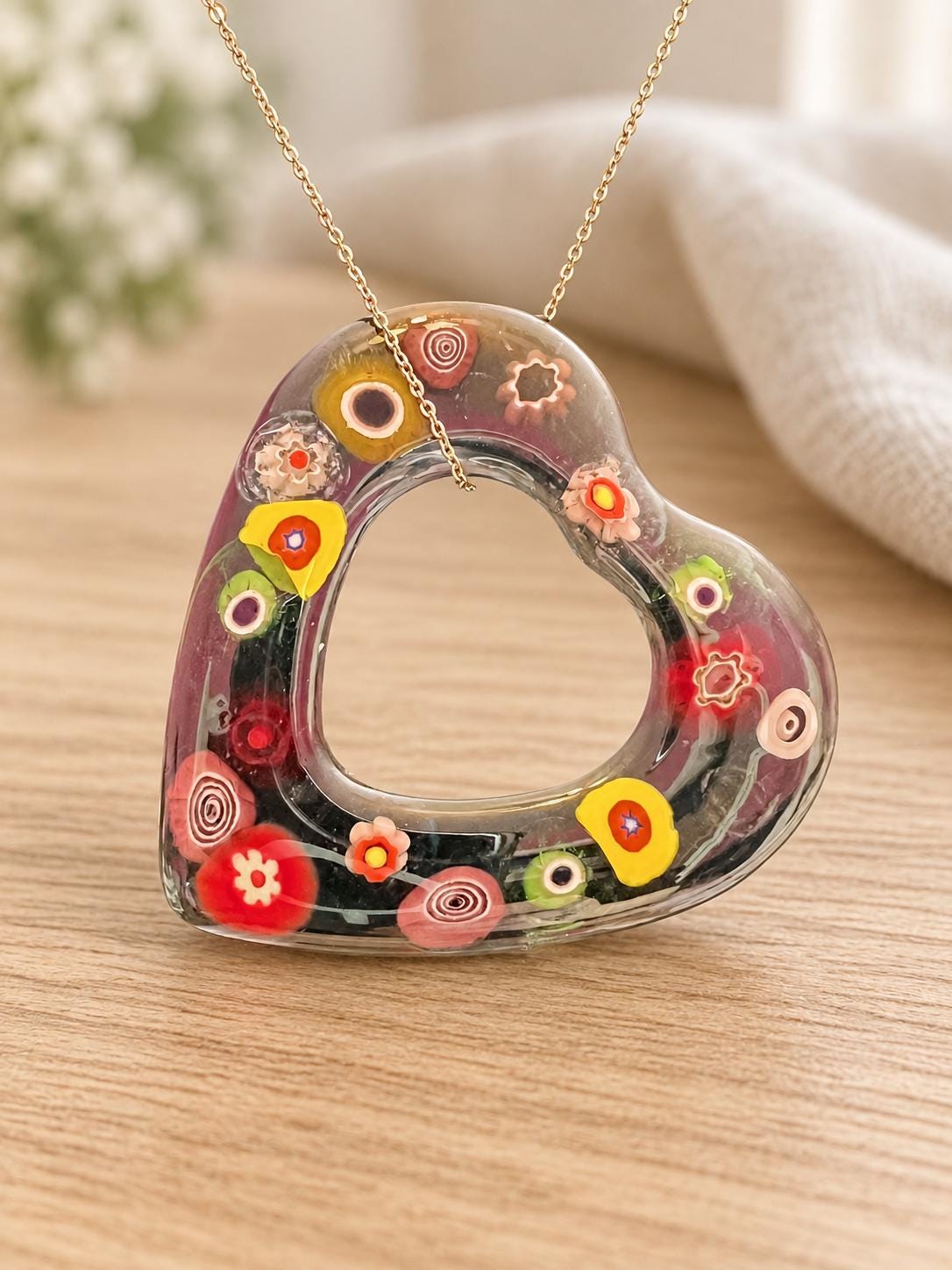 Black Fused Glass Heart with Colorful Floral Detail
